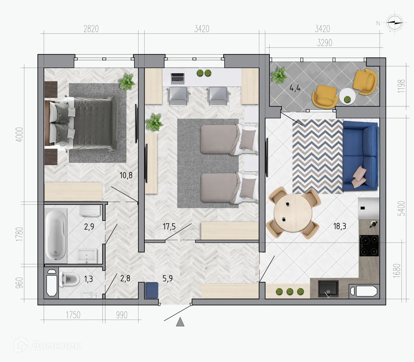 Планировка 2-комнатной квартиры 61.7 м² в ЖК "Боровое", г. Воронеж — фото 1