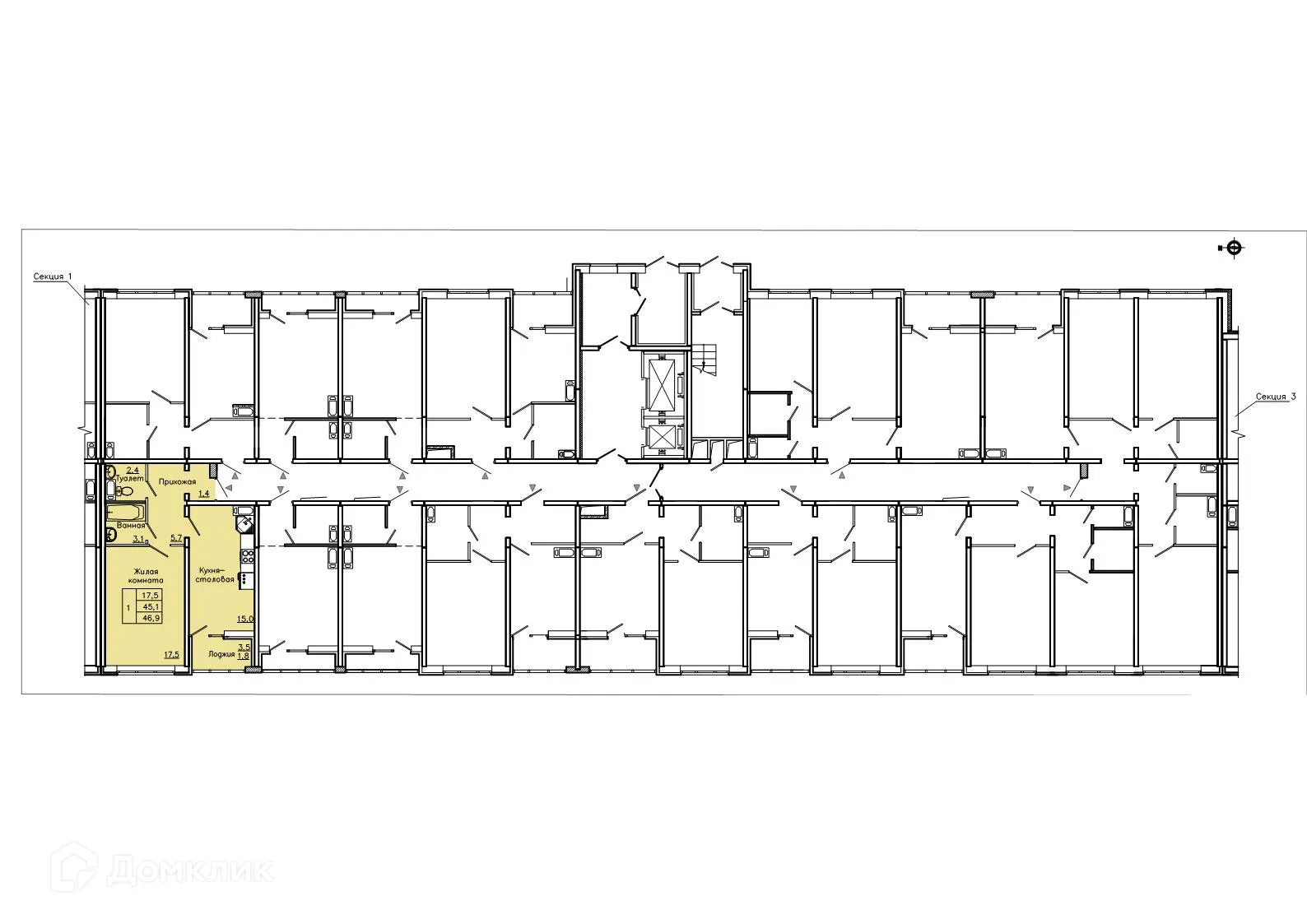 Планировка 1-комнатной квартиры 46.9 м² в ЖК "Боровое", г. Воронеж — фото 2
