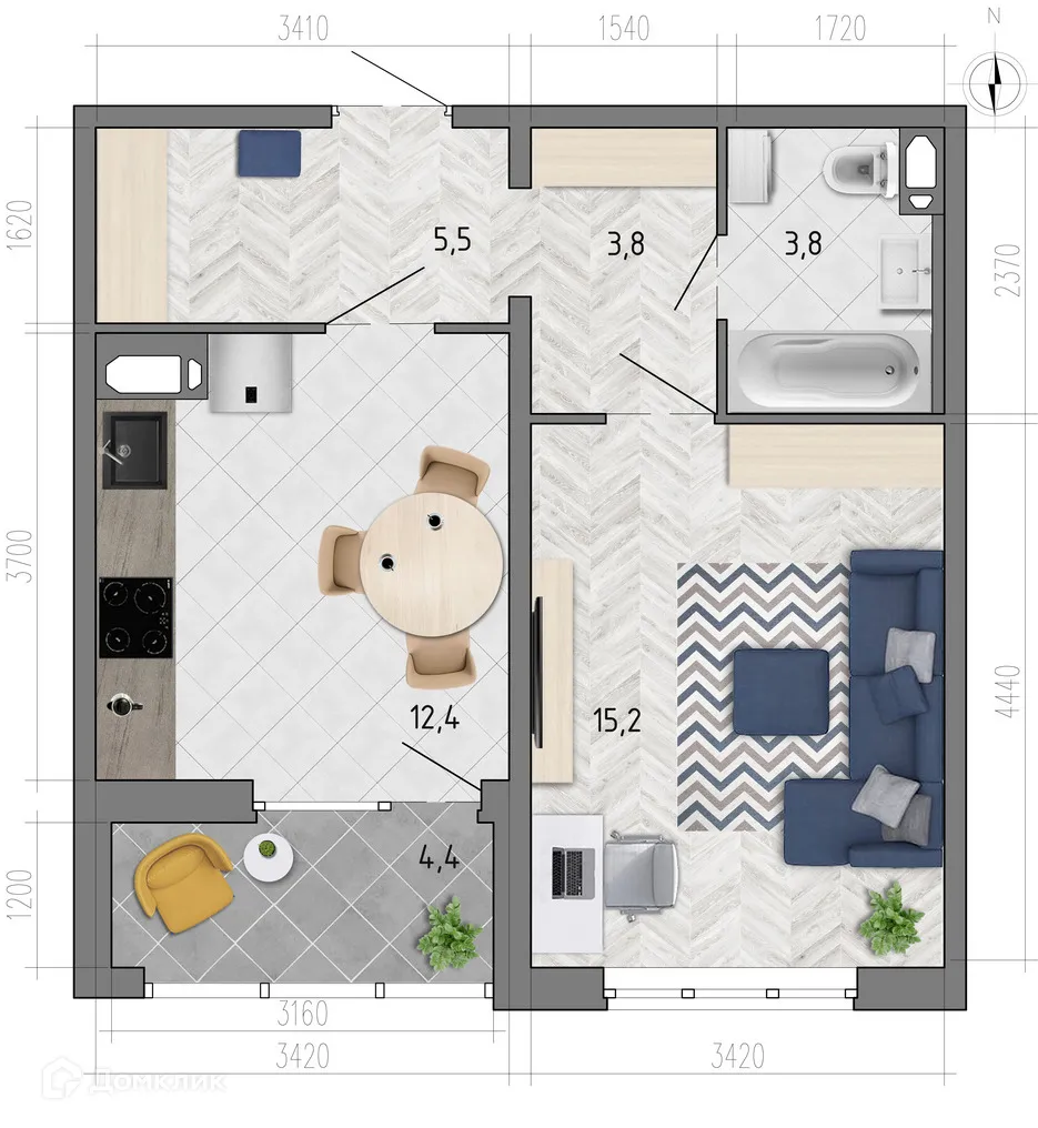 Планировка 1-комнатной квартиры 42.9 м² в ЖК "Боровое", г. Воронеж — фото 1