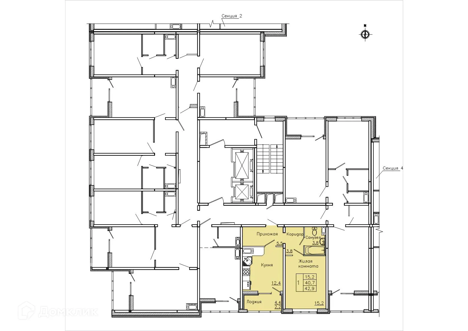 Планировка 1-комнатной квартиры 42.9 м² в ЖК "Боровое", г. Воронеж — фото 2