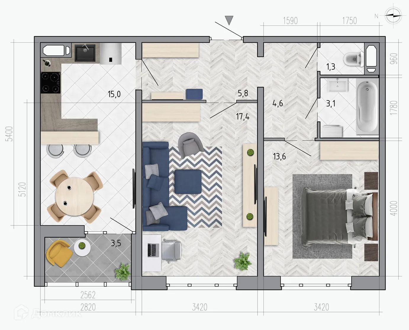 Планировка 2-комнатной квартиры 62.6 м² в ЖК "Боровое", г. Воронеж — фото 1