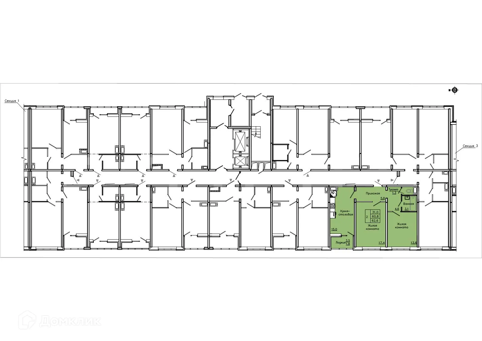 Планировка 2-комнатной квартиры 62.6 м² в ЖК "Боровое", г. Воронеж — фото 2