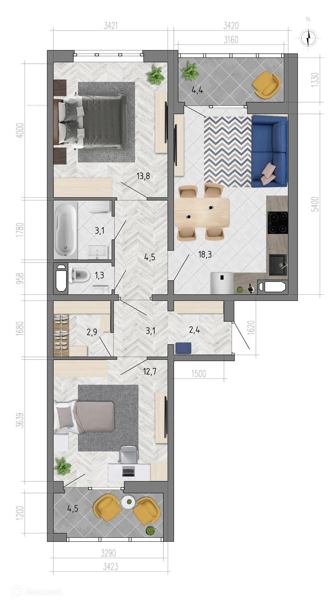 Планировка 2-комнатной квартиры 66.6 м² в ЖК "Боровое", г. Воронеж — фото 1