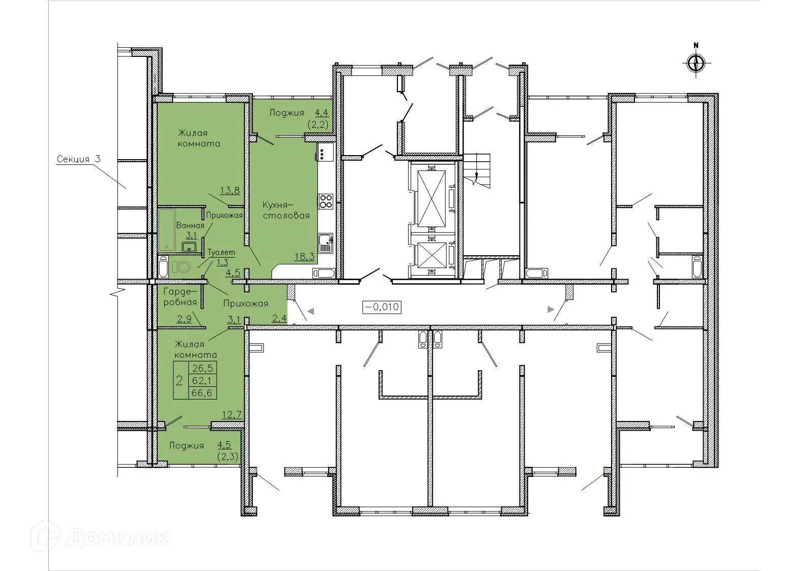Планировка 2-комнатной квартиры 66.6 м² в ЖК "Боровое", г. Воронеж — фото 2
