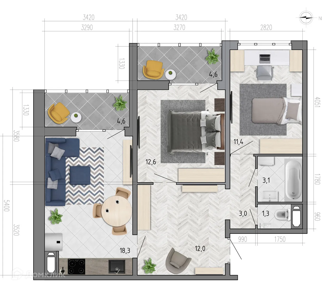 Планировка 2-комнатной квартиры 66.3 м² в ЖК "Боровое", г. Воронеж — фото 1