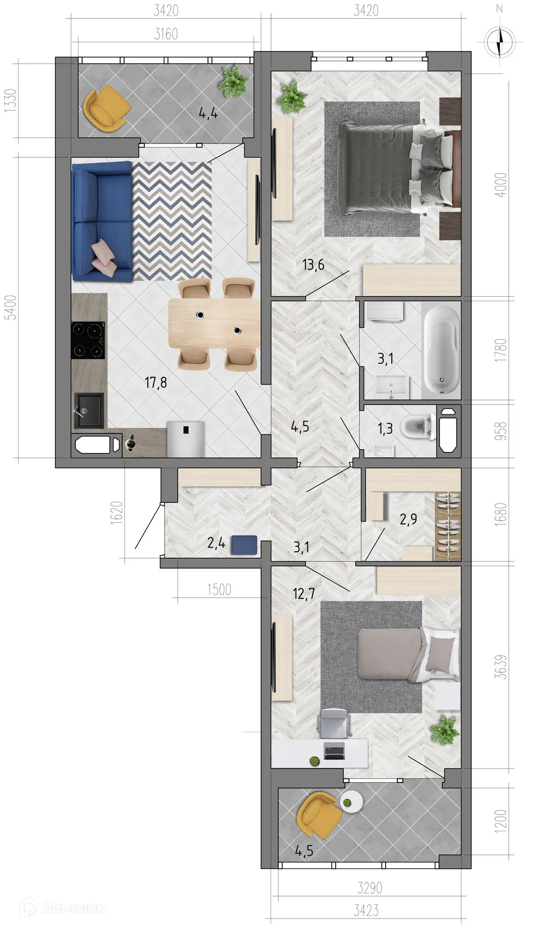 Планировка 2-комнатной квартиры 65.9 м² в ЖК "Боровое", г. Воронеж — фото 1