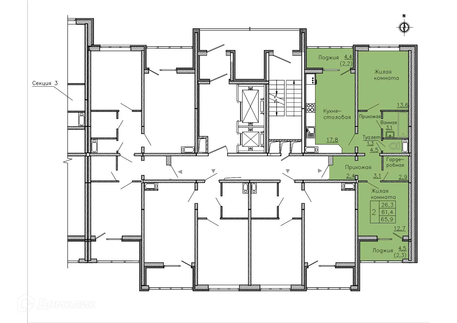 Планировка 2-комнатной квартиры 65.9 м² в ЖК "Боровое", г. Воронеж — фото 2