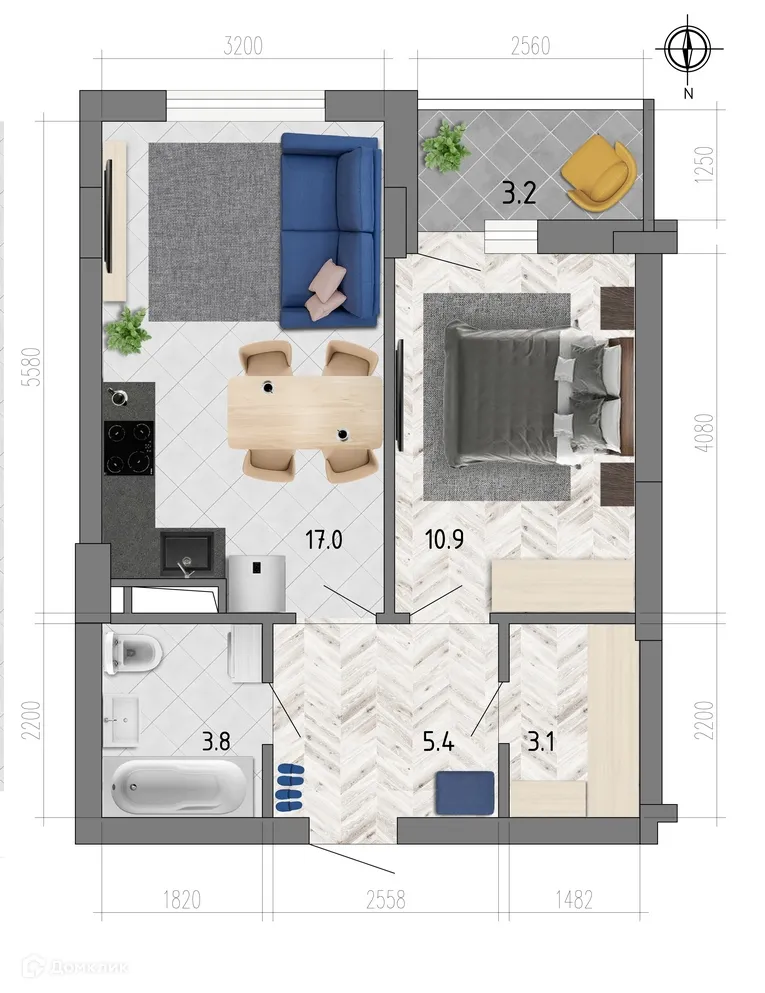 Планировка 1-комнатной квартиры 41.8 м² в ЖК "Боровое", г. Воронеж — фото 1