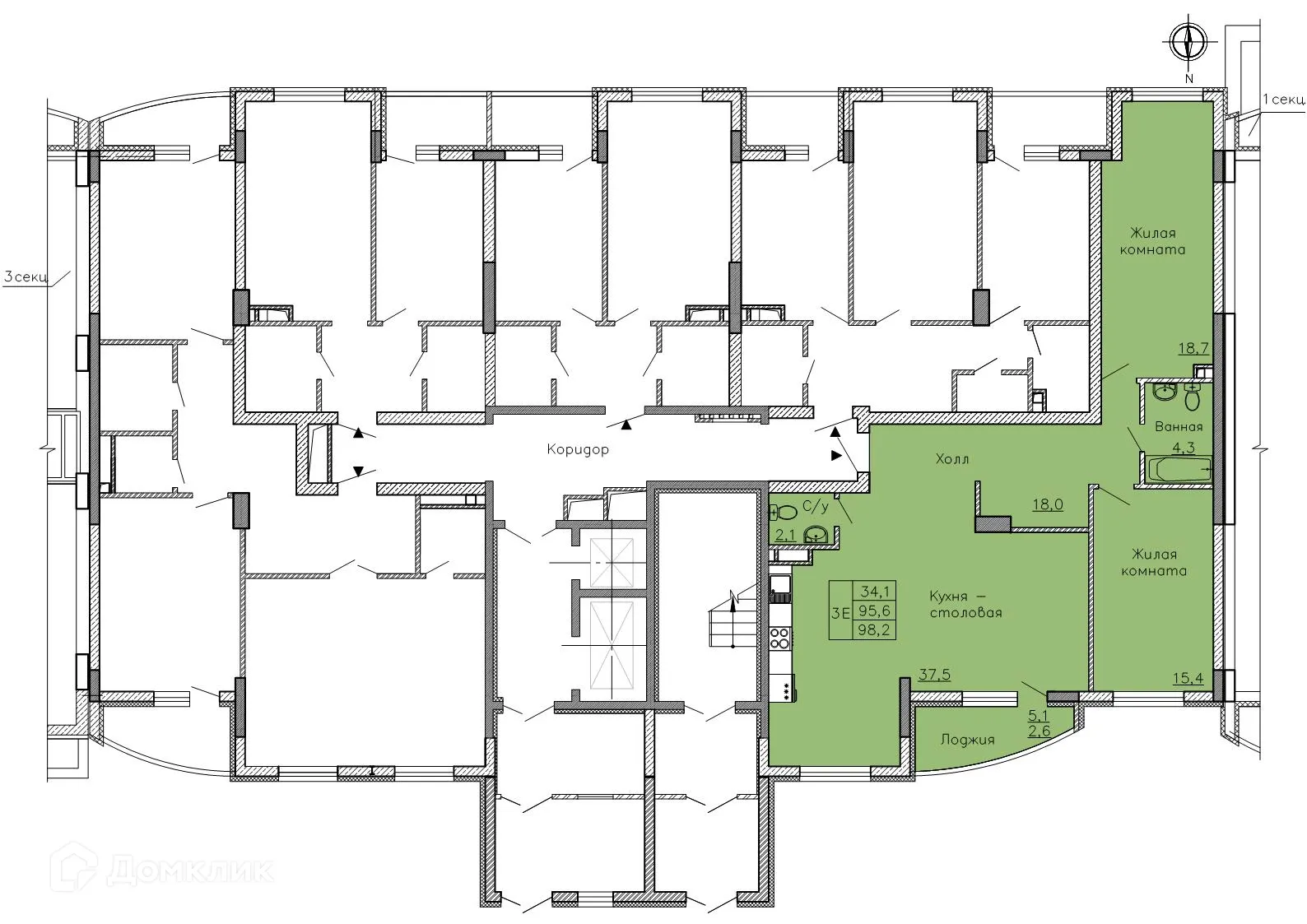 Планировка 3-комнатной квартиры 98.2 м² в ЖК "Боровое", г. Воронеж — фото 3