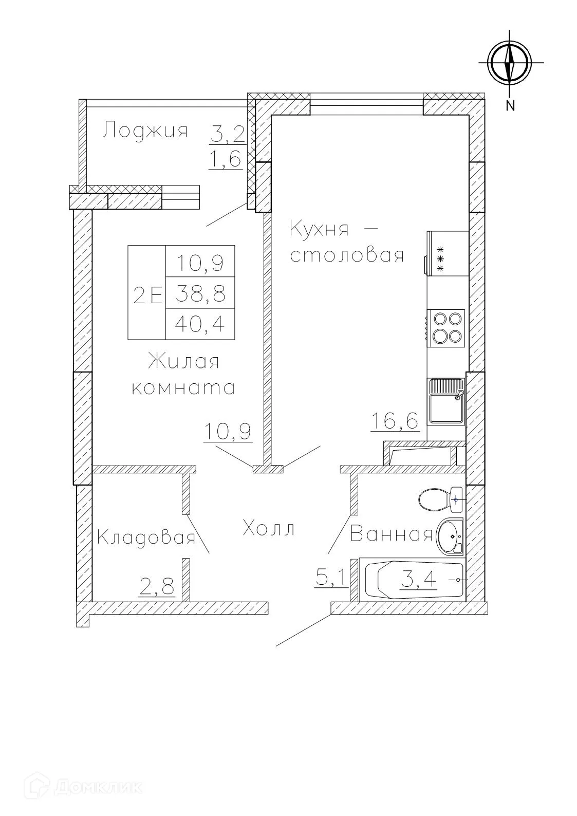 Планировка 1-комнатной квартиры 40.4 м² в ЖК "Боровое", г. Воронеж — фото 2