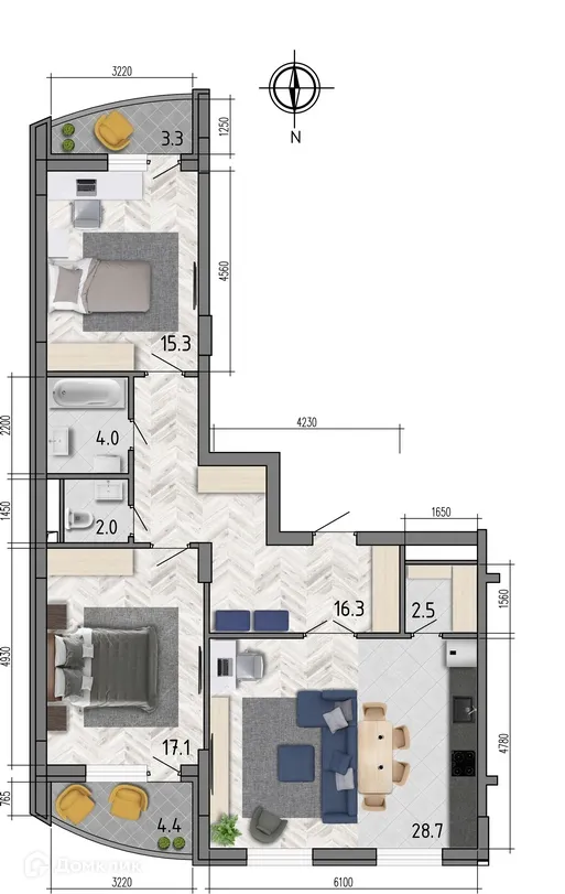 Планировка 3-комнатной квартиры 90.2 м² в ЖК "Боровое", г. Воронеж — фото 1
