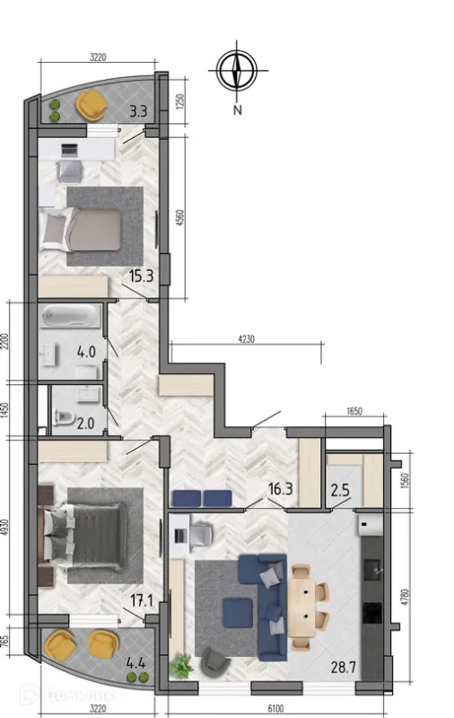 Планировка 3 комн. в ЖК "Боровое"