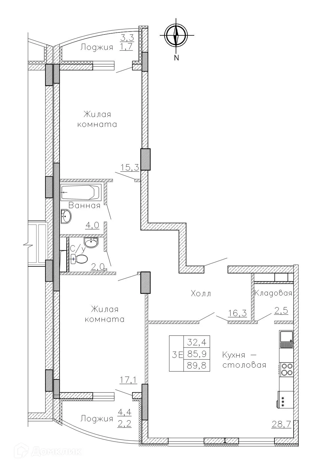 Планировка 3-комнатной квартиры 90.2 м² в ЖК "Боровое", г. Воронеж — фото 2