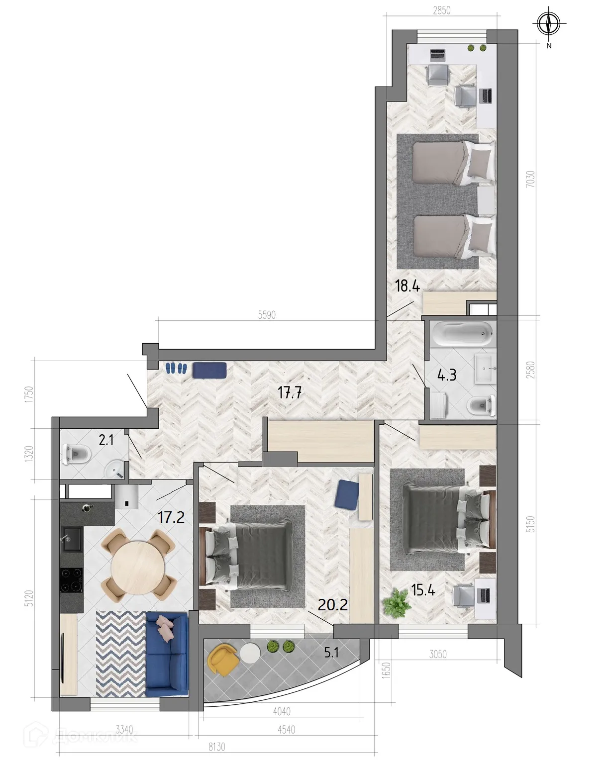 Планировка 3-комнатной квартиры 97.8 м² в ЖК "Боровое", г. Воронеж — фото 1