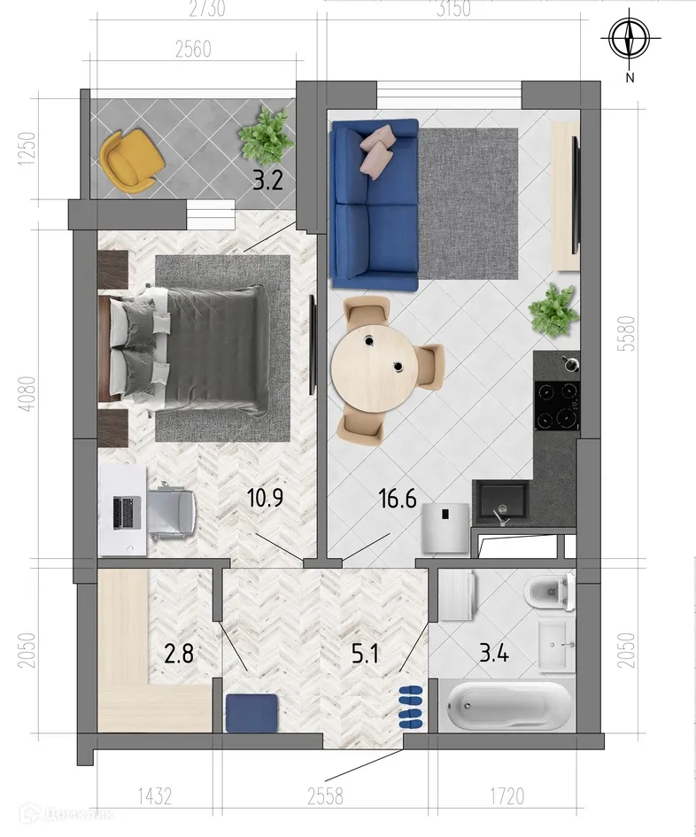 Планировка 1-комнатной квартиры 40 м² в ЖК "Боровое", г. Воронеж — фото 1