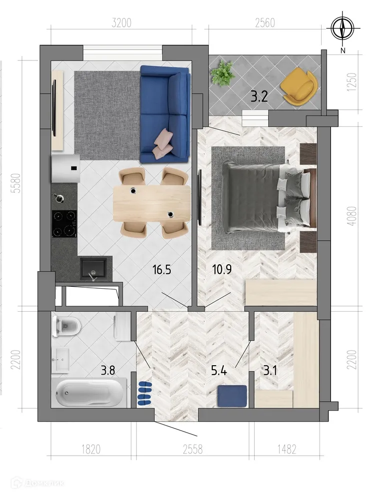 Планировка 1-комнатной квартиры 41.3 м² в ЖК "Боровое", г. Воронеж — фото 1
