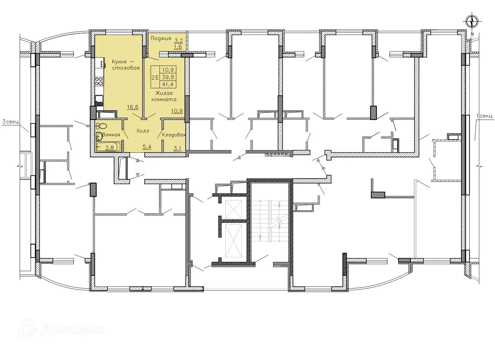 Планировка 1-комнатной квартиры 41.3 м² в ЖК "Боровое", г. Воронеж — фото 2