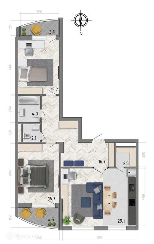 Планировка 3-комнатной квартиры 90.3 м² в ЖК "Боровое", г. Воронеж — фото 1