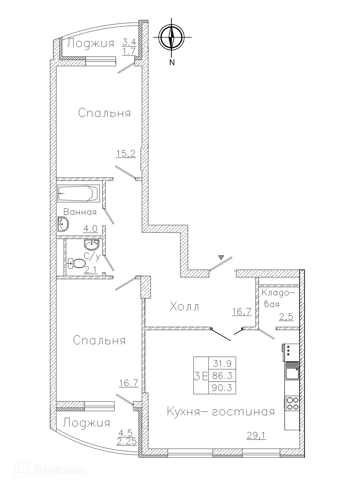 Планировка 3-комнатной квартиры 90.3 м² в ЖК "Боровое", г. Воронеж — фото 4