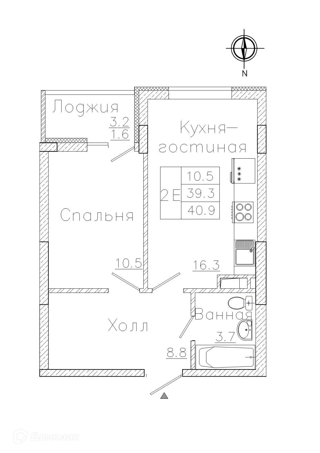 Планировка 1-комнатной квартиры 40.9 м² в ЖК "Боровое", г. Воронеж — фото 2