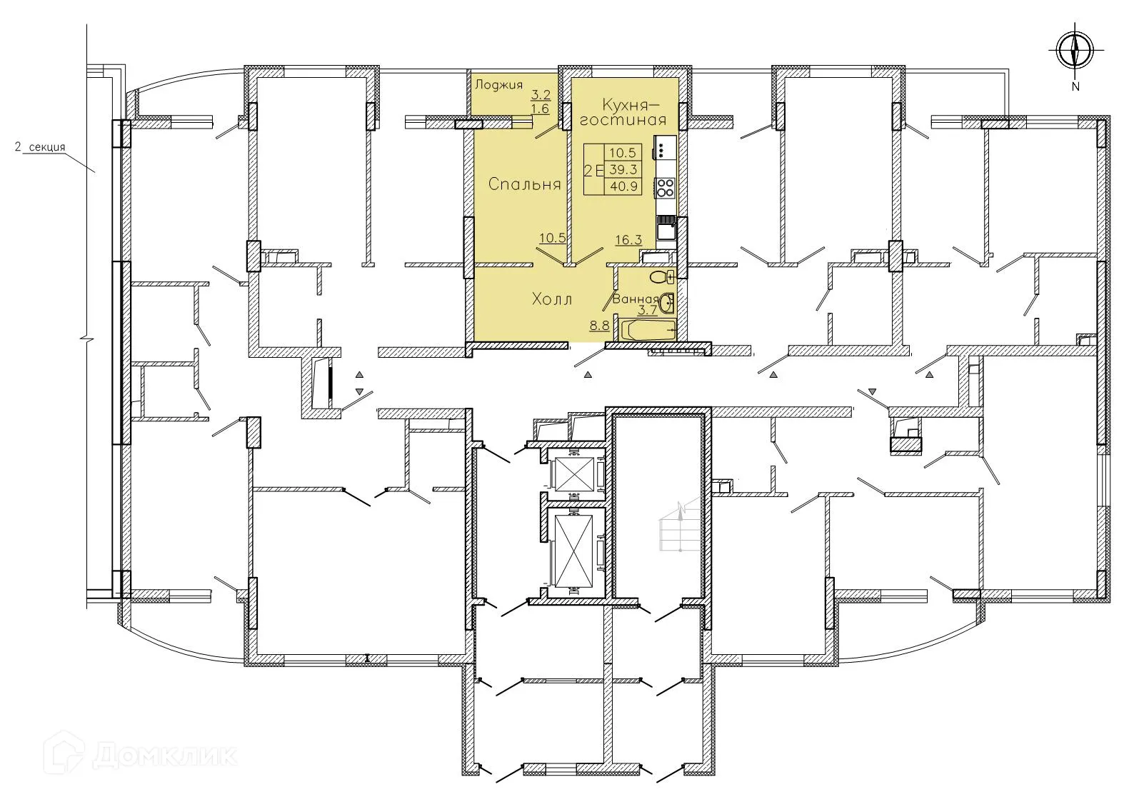 Планировка 1-комнатной квартиры 40.9 м² в ЖК "Боровое", г. Воронеж — фото 3