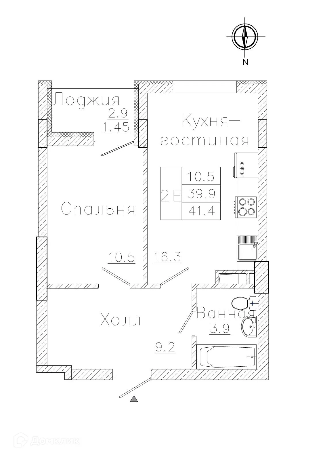 Планировка 1-комнатной квартиры 41.4 м² в ЖК "Боровое", г. Воронеж — фото 2