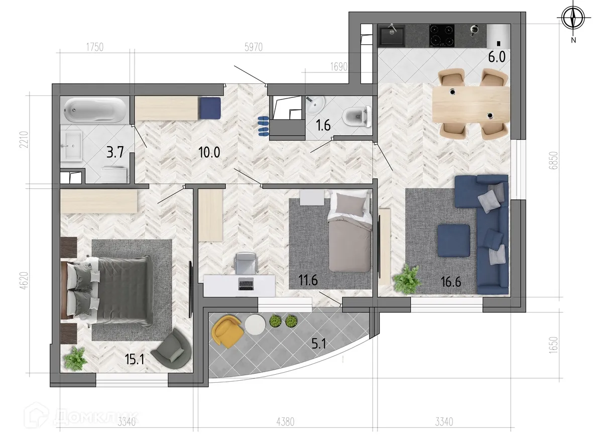 Планировка 3-комнатной квартиры 67.2 м² в ЖК "Боровое", г. Воронеж — фото 1
