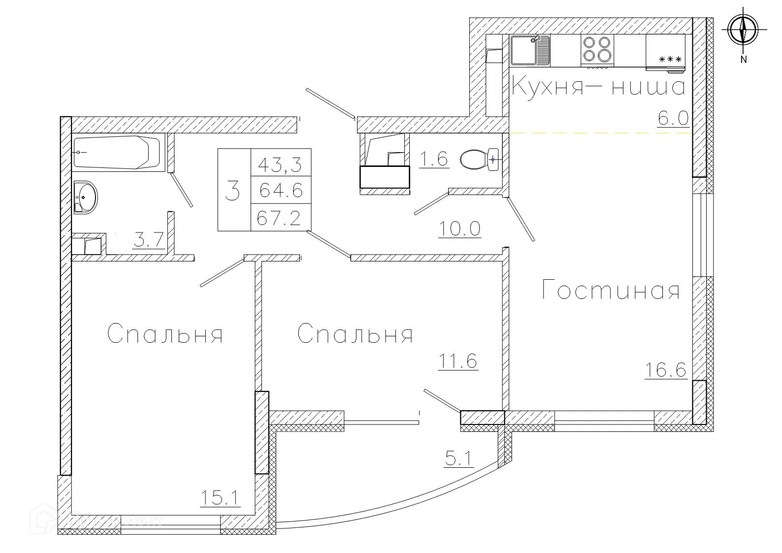 Планировка 3-комнатной квартиры 67.2 м² в ЖК "Боровое", г. Воронеж — фото 2