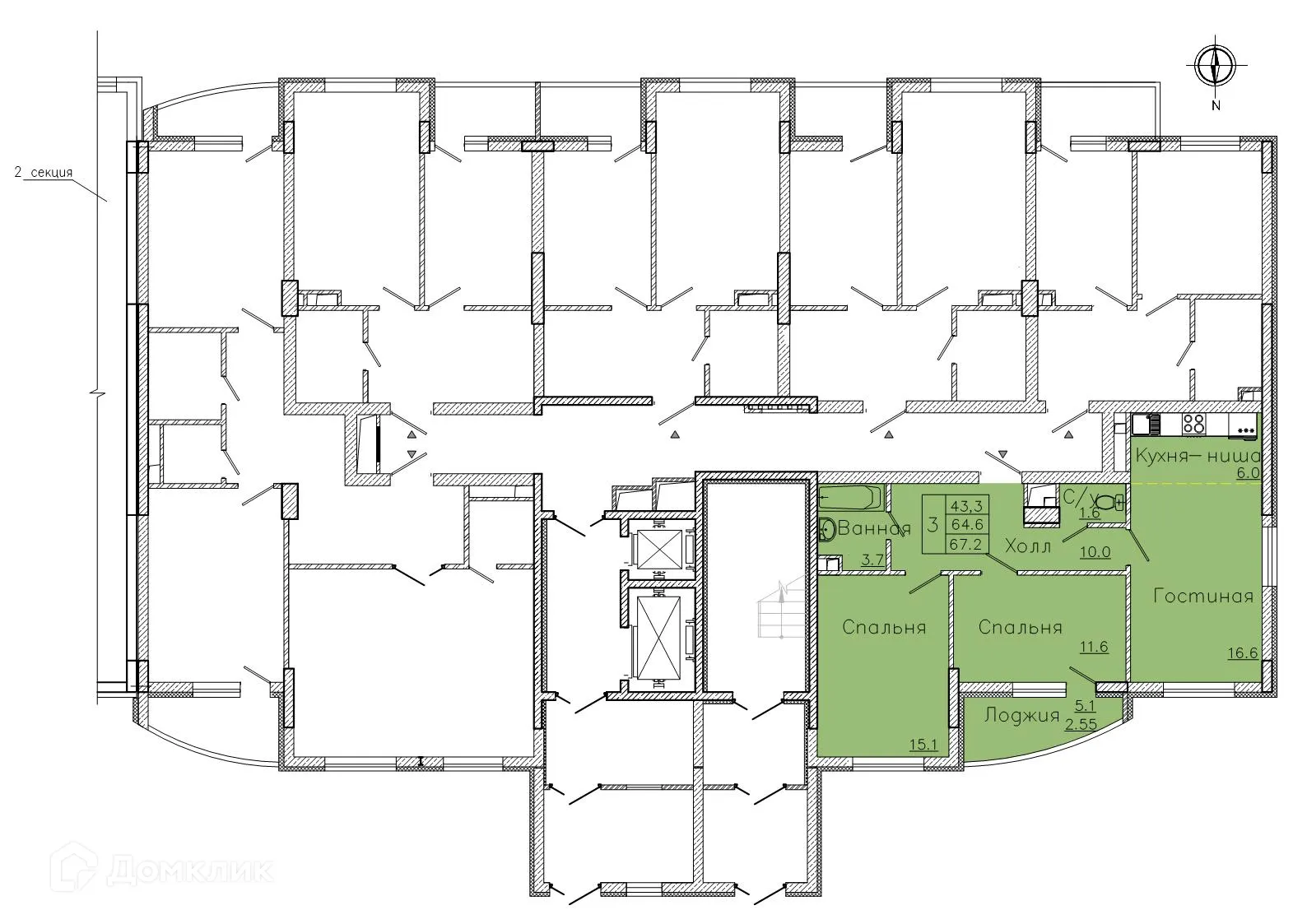 Планировка 3-комнатной квартиры 67.2 м² в ЖК "Боровое", г. Воронеж — фото 3