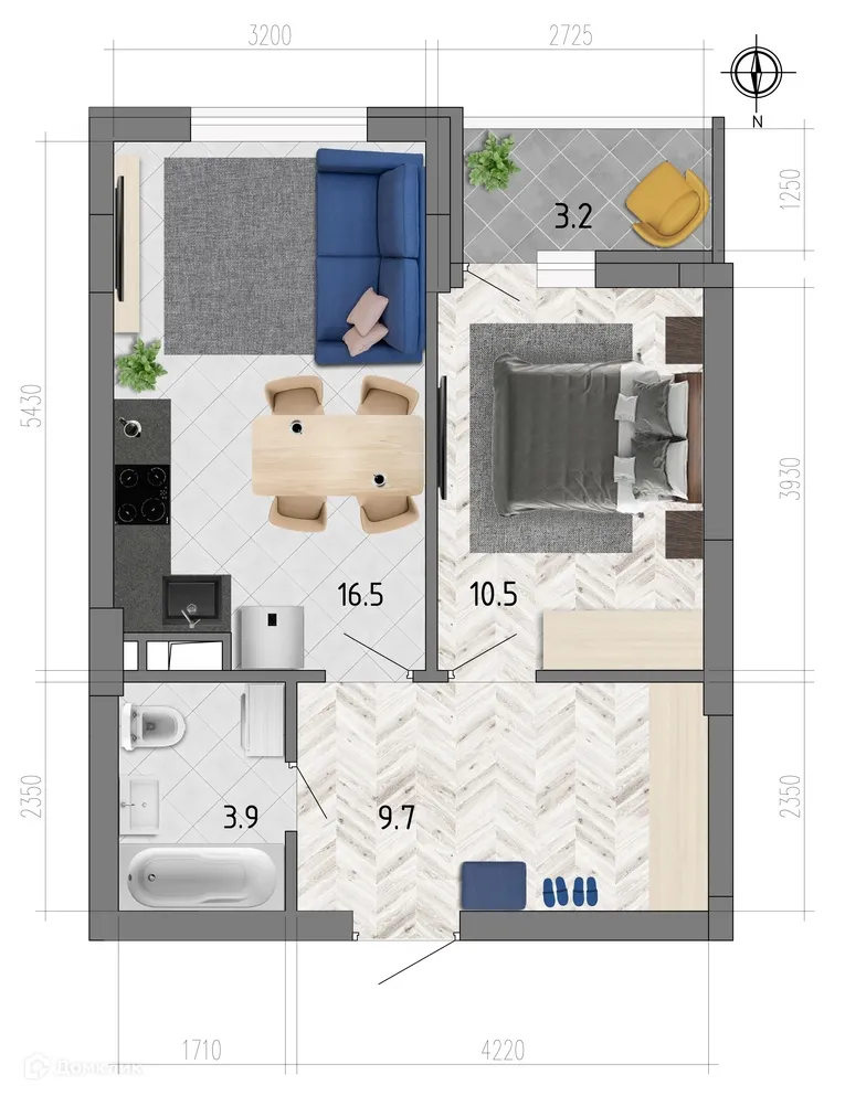 Планировка 1-комнатной квартиры 42.2 м² в ЖК "Боровое", г. Воронеж — фото 1