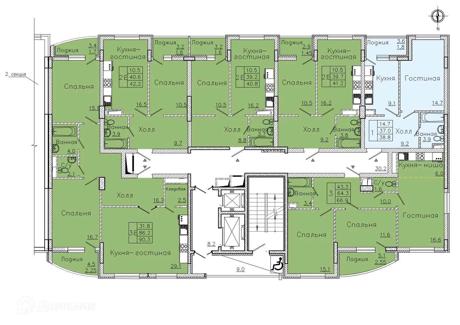 Планировка 1-комнатной квартиры 42.2 м² в ЖК "Боровое", г. Воронеж — фото 4