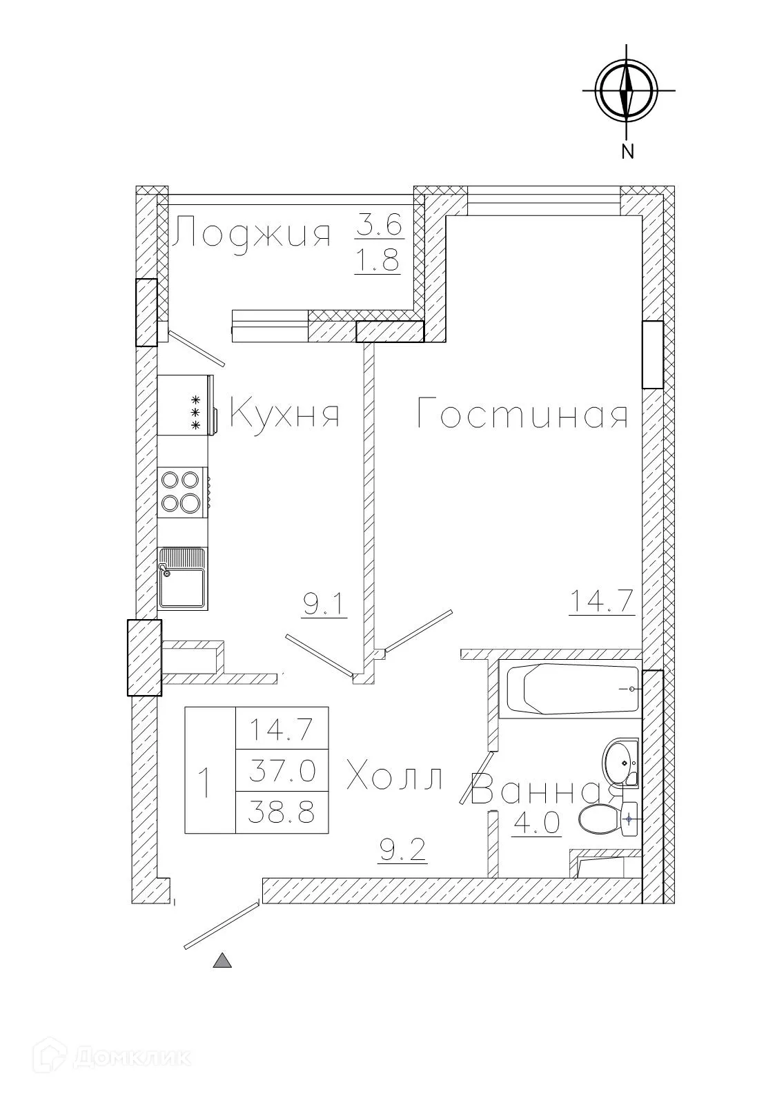 Планировка 1-комнатной квартиры 38.8 м² в ЖК "Боровое", г. Воронеж — фото 2