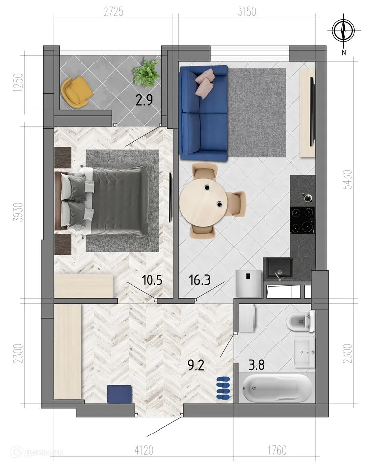 Планировка 1-комнатной квартиры 41 м² в ЖК "Боровое", г. Воронеж — фото 1