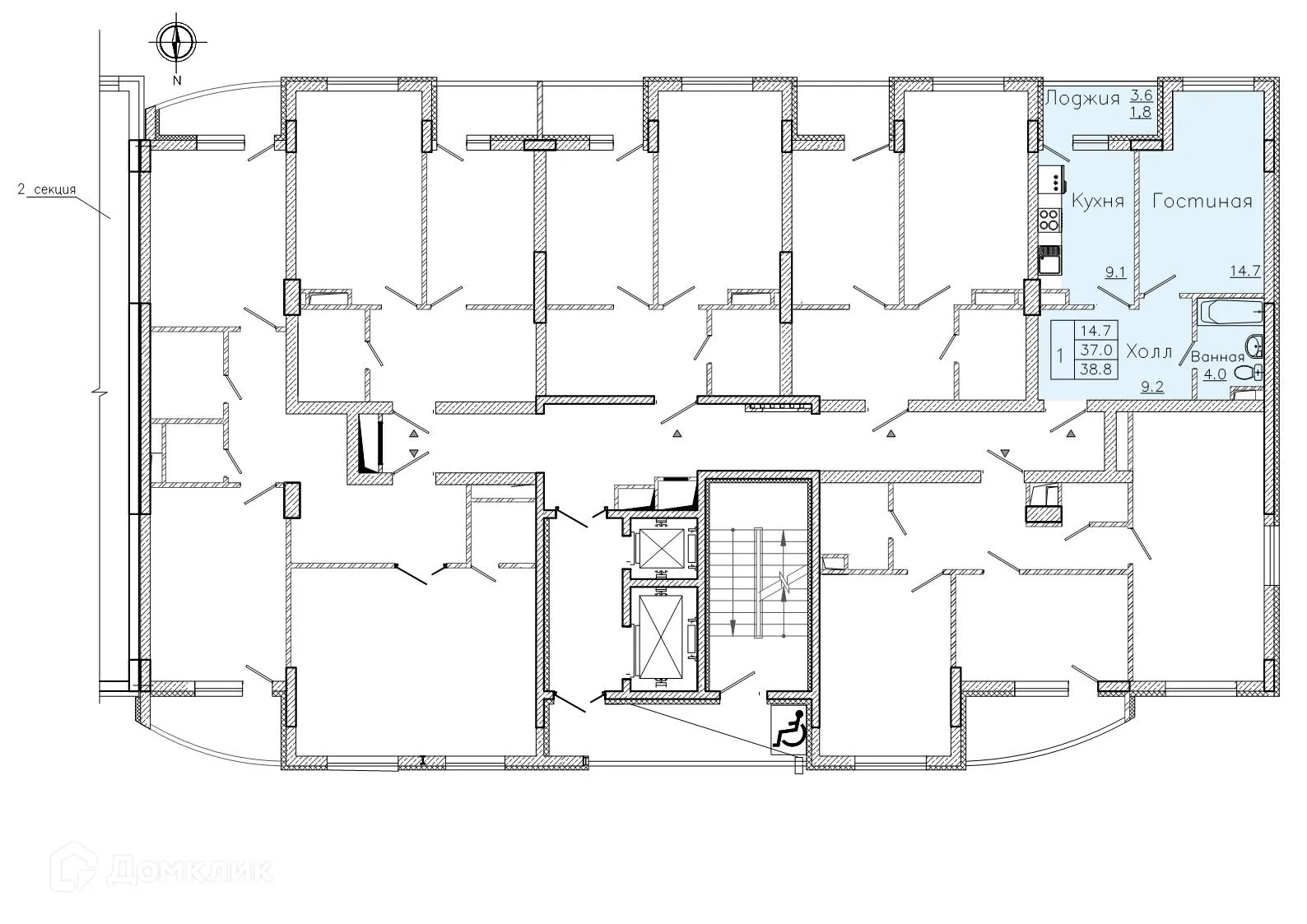 Планировка 1-комнатной квартиры 38.3 м² в ЖК "Боровое", г. Воронеж — фото 3