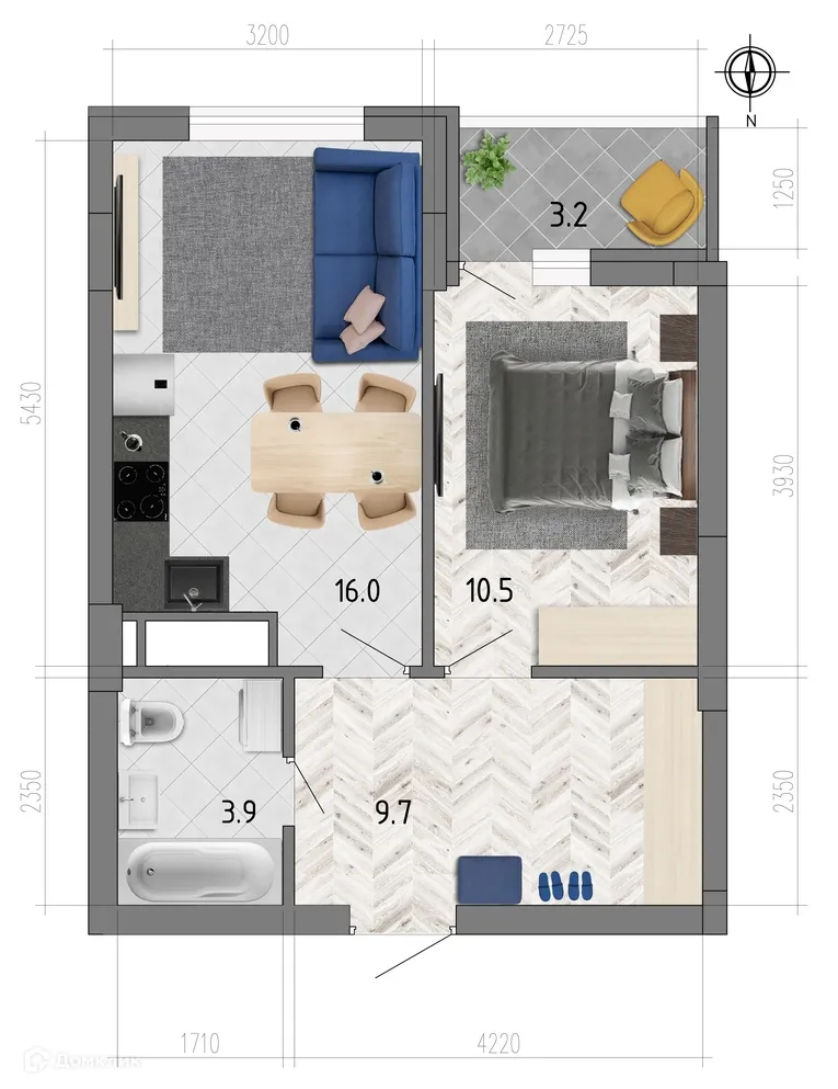 Планировка 1-комнатной квартиры 41.7 м² в ЖК "Боровое", г. Воронеж — фото 1
