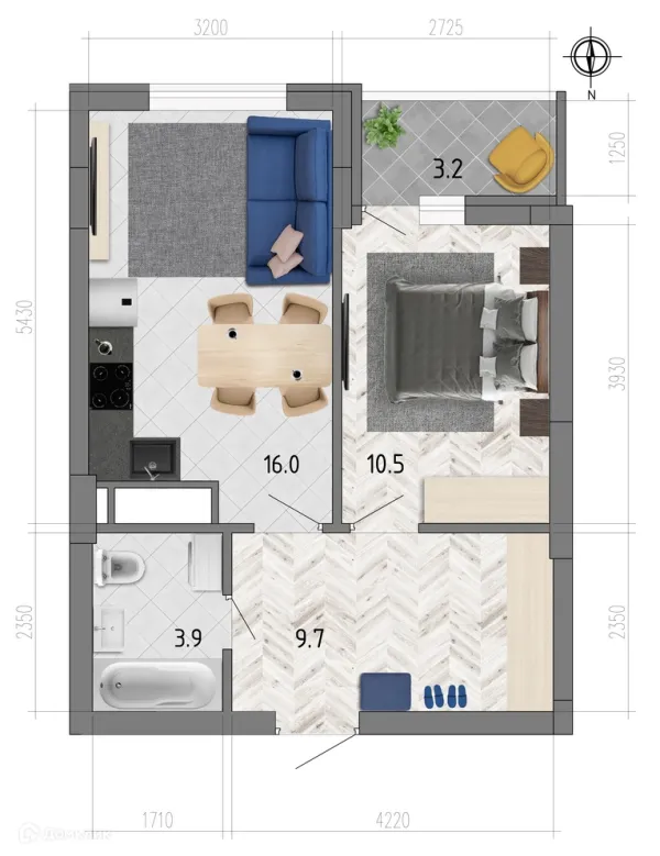 Планировка 1 комн. в ЖК "Боровое"