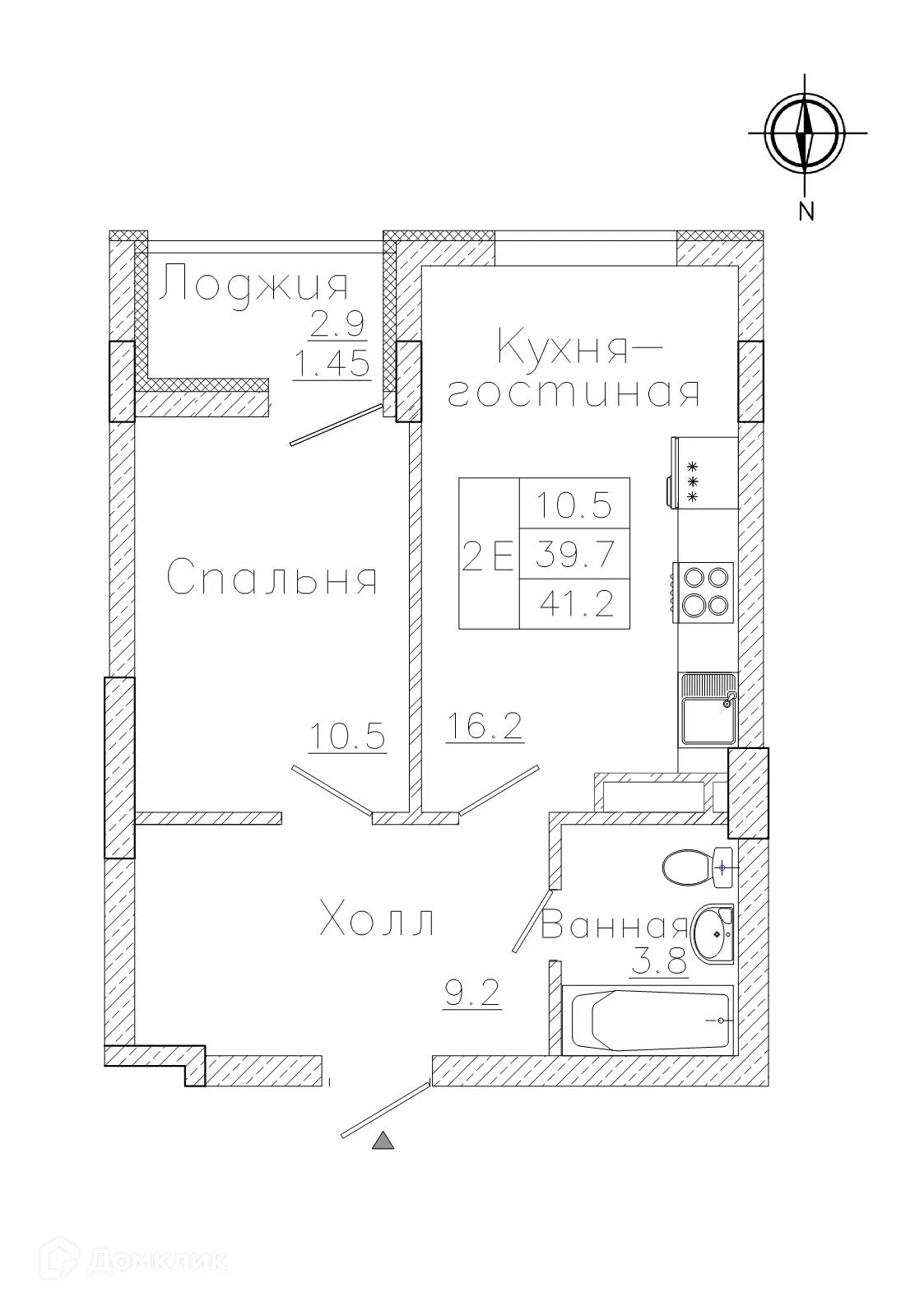 Планировка 1-комнатной квартиры 40.7 м² в ЖК "Боровое", г. Воронеж — фото 2