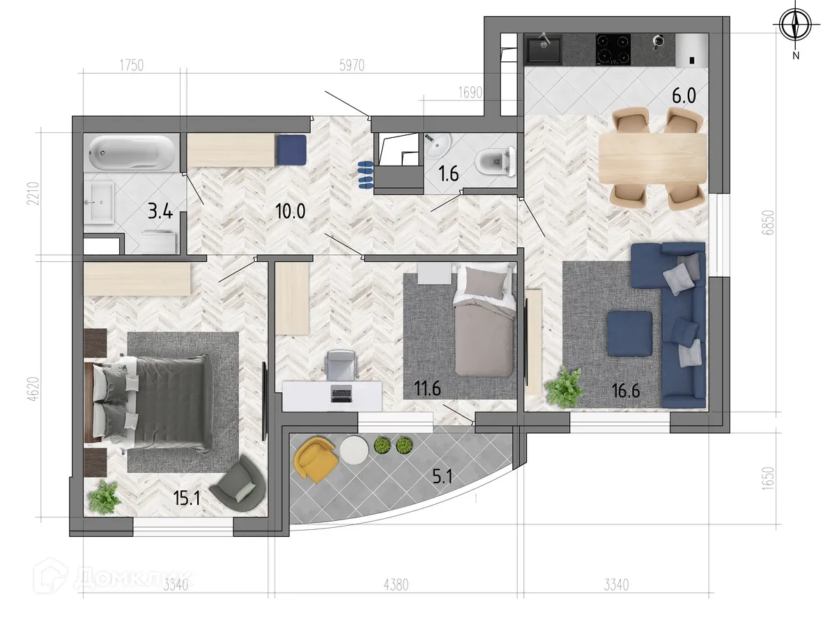 Планировка 3-комнатной квартиры 66.3 м² в ЖК "Боровое", г. Воронеж — фото 1