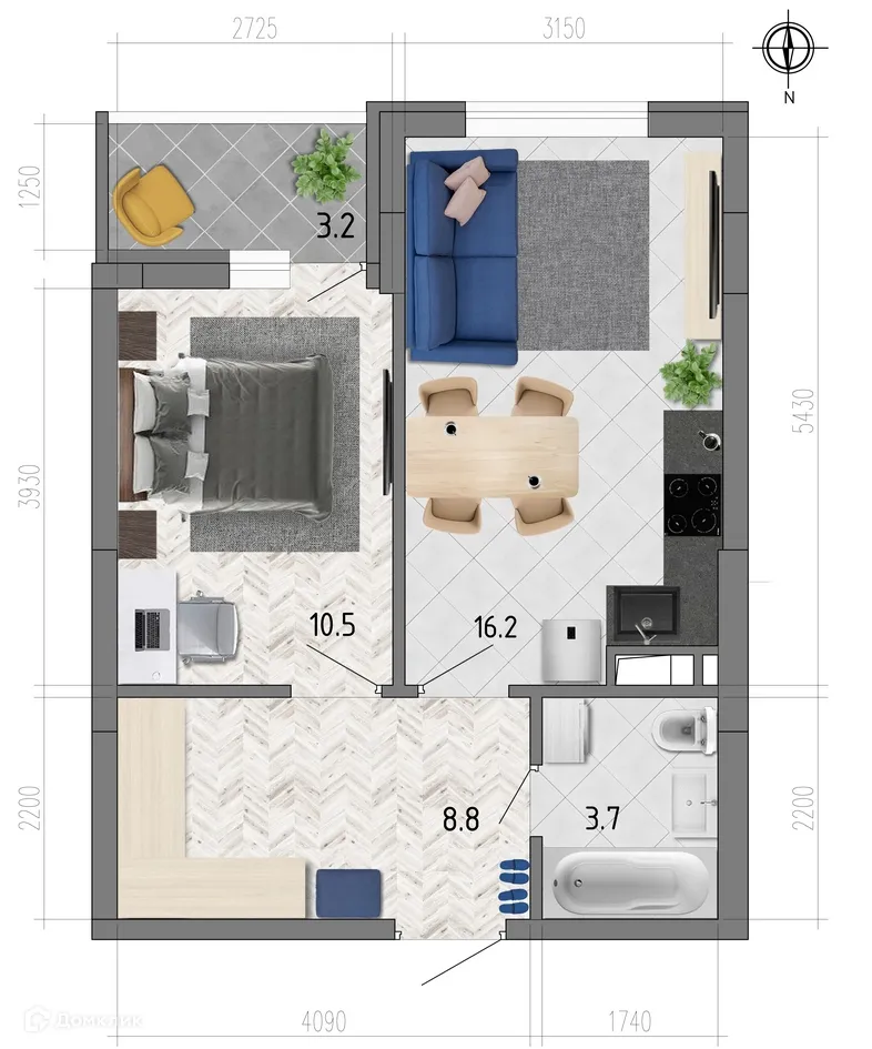 Планировка 1-комнатной квартиры 40.3 м² в ЖК "Боровое", г. Воронеж — фото 1