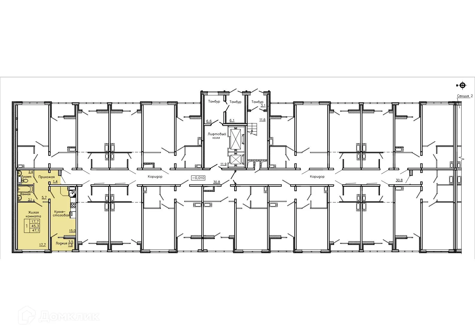 Планировка 1-комнатной квартиры 47.1 м² в ЖК "Боровое", г. Воронеж — фото 2