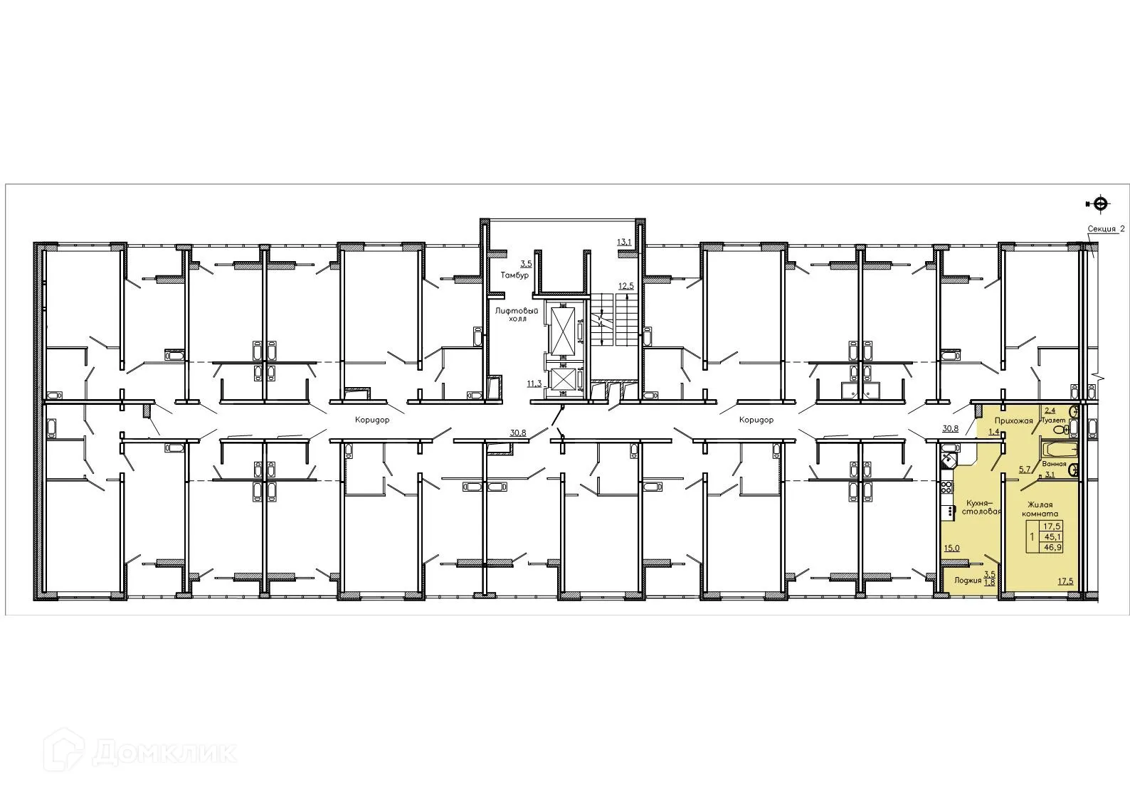 Планировка 1-комнатной квартиры 46.9 м² в ЖК "Боровое", г. Воронеж — фото 2