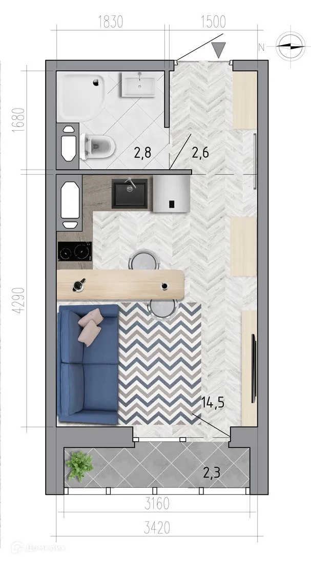 Планировка студии квартиры 21.1 м² в ЖК "Боровое", г. Воронеж — фото 1