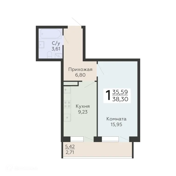 Планировка 1 комн. в ЖК "Никитинские сады"