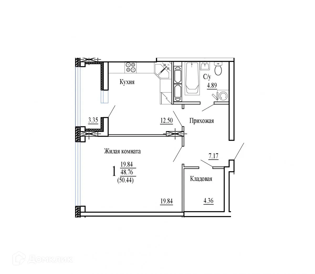 Планировка 1-комнатной квартиры 50.44 м² в ЖК НОВЫЙ СОЛНЕЧНЫЙ, г. Воронеж — фото 2