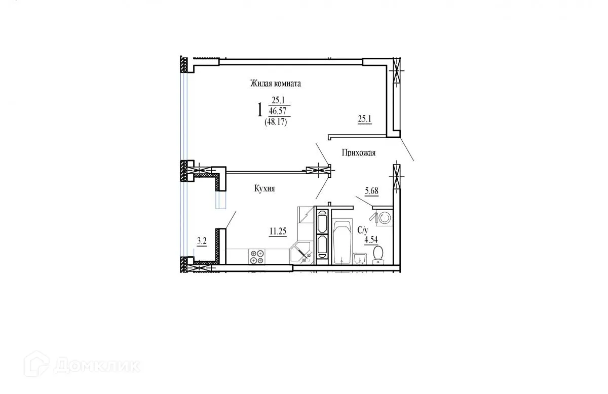 Планировка 1-комнатной квартиры 48.17 м² в ЖК НОВЫЙ СОЛНЕЧНЫЙ, г. Воронеж — фото 2