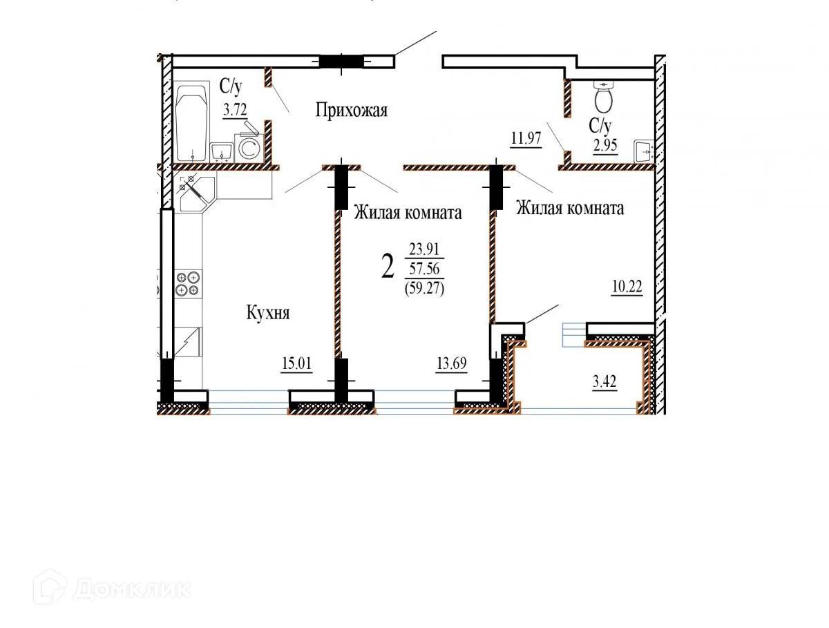 Планировка 2-комнатной квартиры 59.27 м² в ЖК НОВЫЙ СОЛНЕЧНЫЙ, г. Воронеж — фото 2
