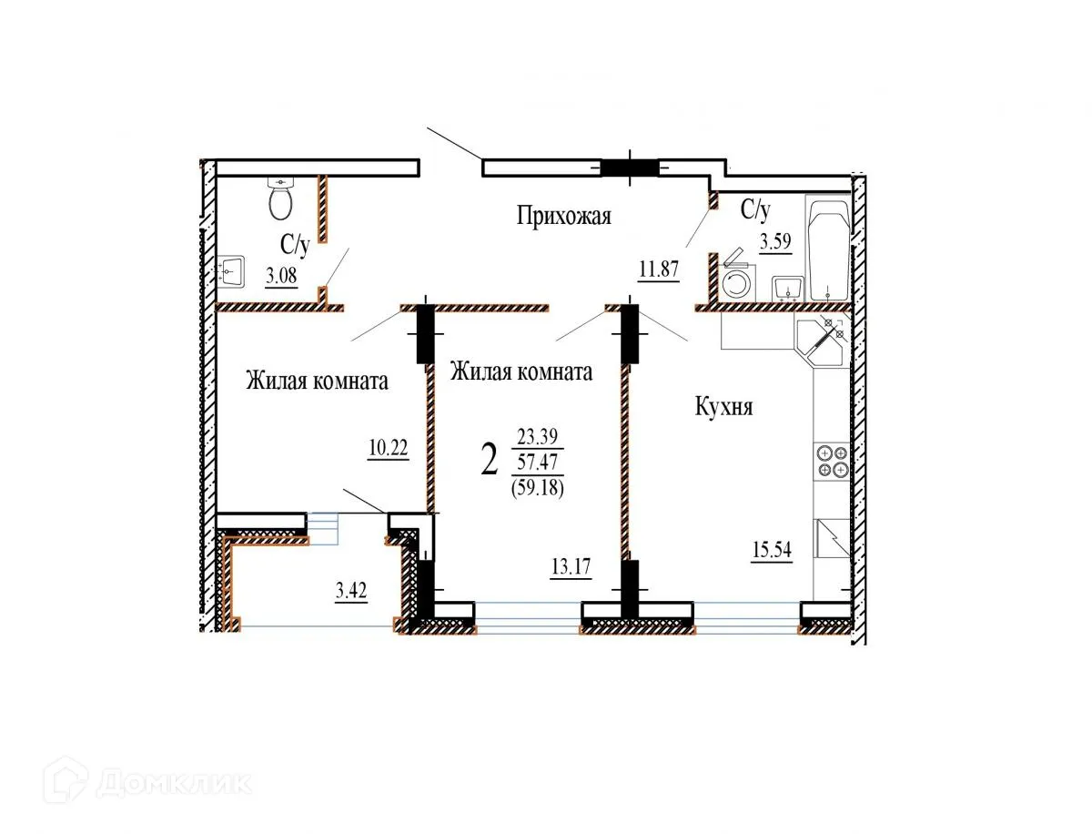 Планировка 2-комнатной квартиры 59.18 м² в ЖК НОВЫЙ СОЛНЕЧНЫЙ, г. Воронеж — фото 2