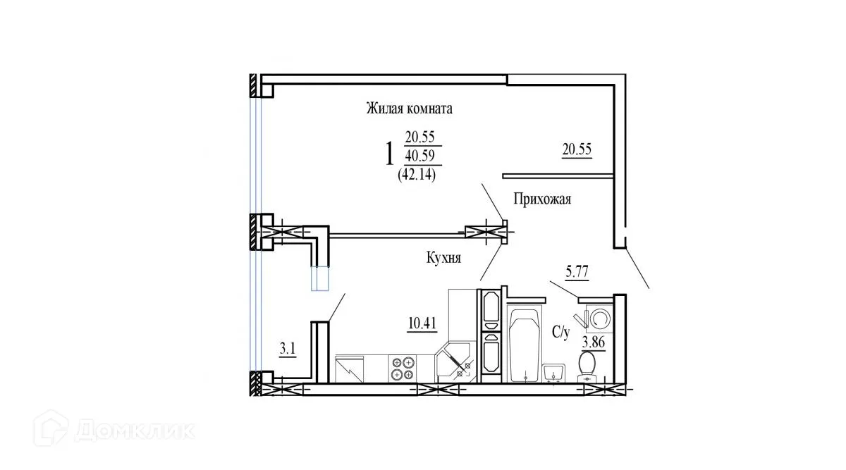 Планировка 1-комнатной квартиры 42.14 м² в ЖК НОВЫЙ СОЛНЕЧНЫЙ, г. Воронеж — фото 2