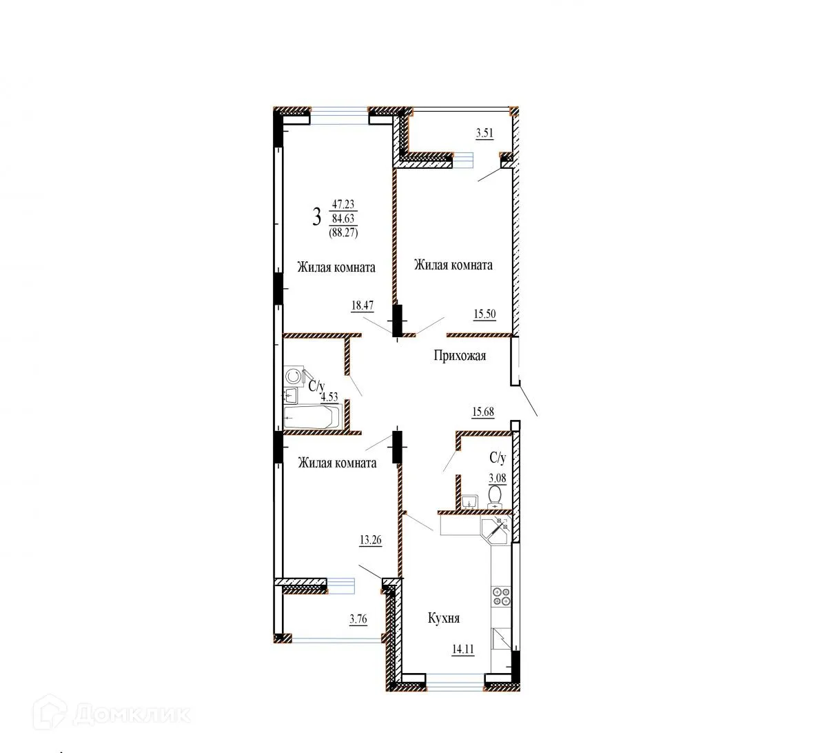 Планировка 3-комнатной квартиры 88.27 м² в ЖК НОВЫЙ СОЛНЕЧНЫЙ, г. Воронеж — фото 2