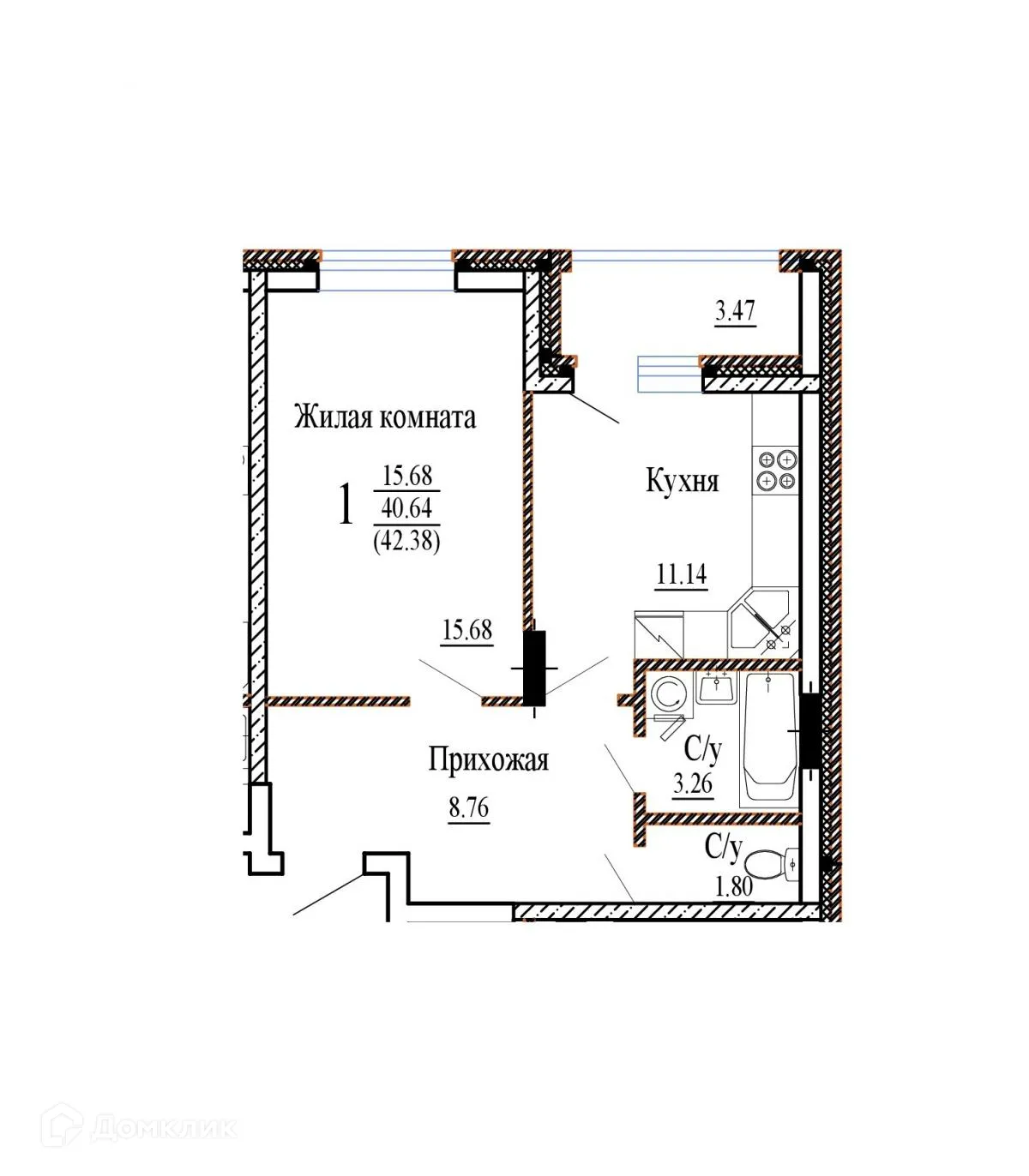 Планировка 1-комнатной квартиры 42.38 м² в ЖК НОВЫЙ СОЛНЕЧНЫЙ, г. Воронеж — фото 2